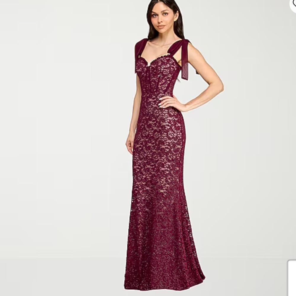City Triangle Tie-Shoulder Lace Evening Gown in Wine Sz 10 NWT